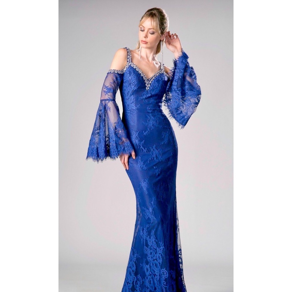 Cinderella Divine Long Fitted Lace Dress With Long Bell Sleeve